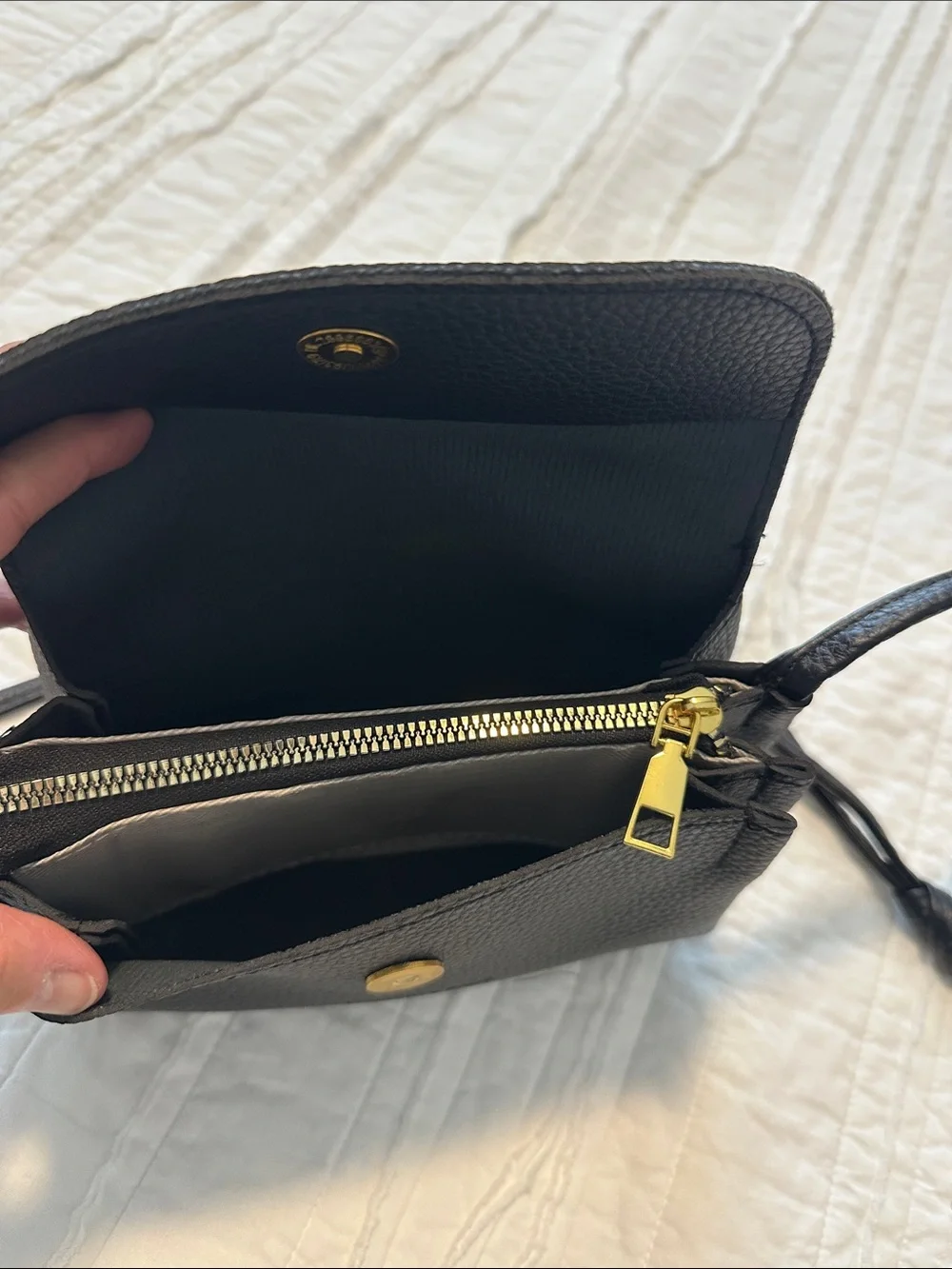 Black Pebbled Crossbody Shoulder Bag with Gold Accent